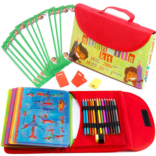 Art with Smile drawing stencils kit carry case keeps art supplies organized for on-the-go creativity.