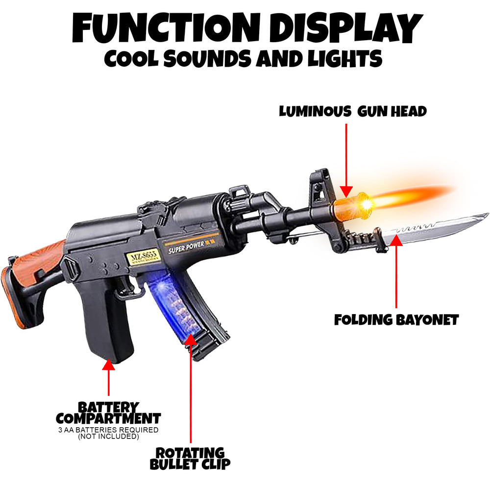 ArtCreativity 16-inch toy gun lights, sounds, and bayonet ready for role-play.