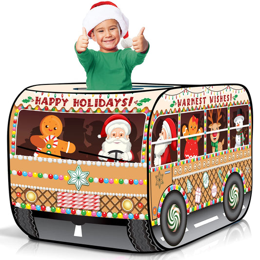 ArtCreativity Christmas Bus Tent front view shows festive design for imaginative playtime