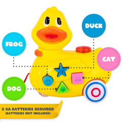 ArtCreativity duck toy buttons play animal sounds and music for auditory development.