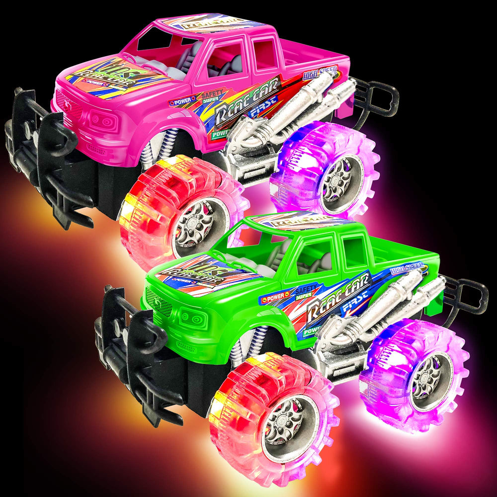 ArtCreativity pink-green monster truck set lights up playtime with flashing tires.