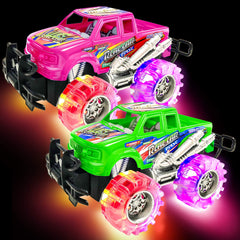 ArtCreativity pink-green monster truck set lights up playtime with flashing tires.