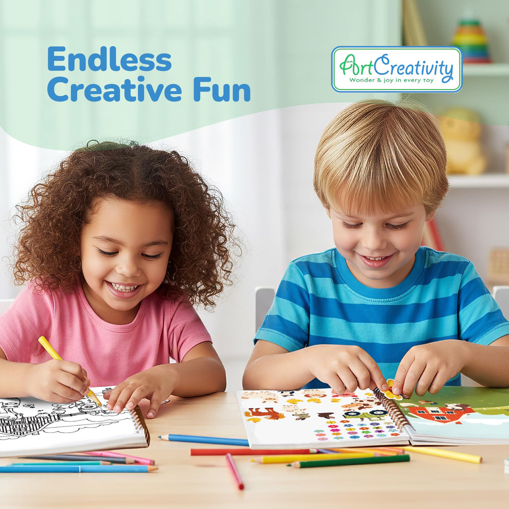 ArtCreativity Sticker Activity Book pages open showing themed scenes for imaginative play.
