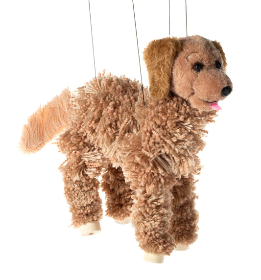 Artisan Owl Golden Retriever marionette with soft yarn body for gentle play.