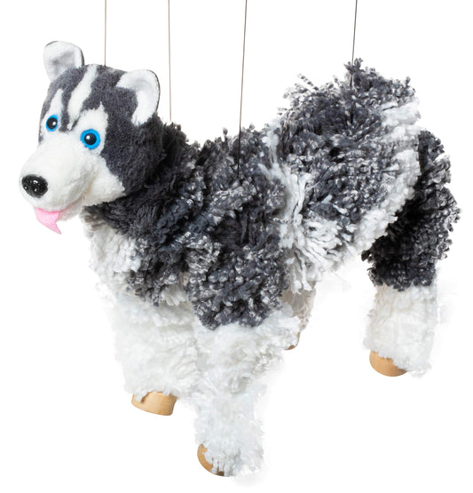 Artisan Owl Siberian Husky marionette puppet for display and imaginative play.