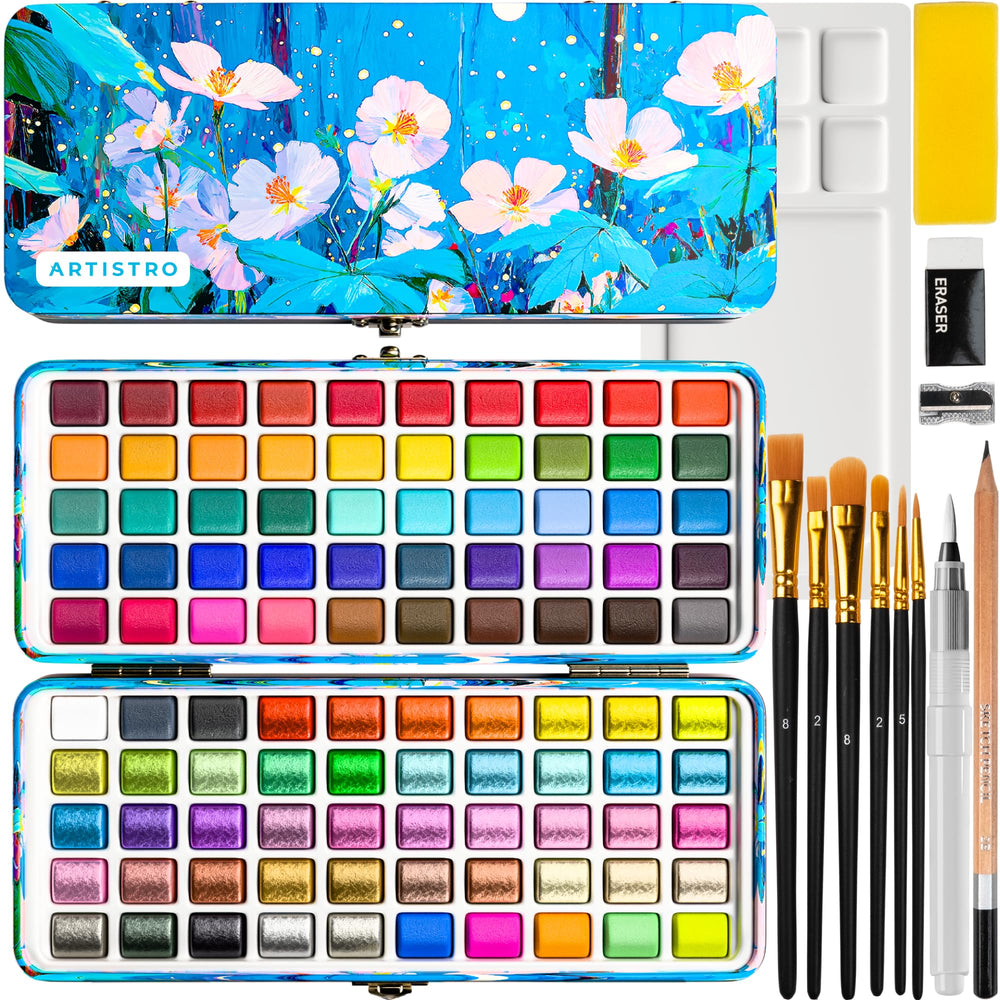 ARTISTRO 100 watercolor pans showcase vivid colors for travel sketches.