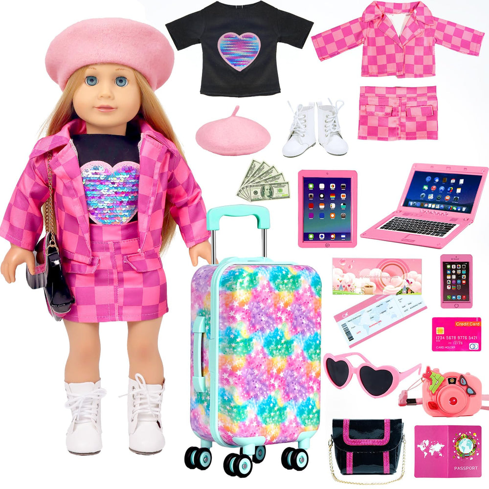 ARTST American 18in doll suitcase with rainbow pattern for imaginative travel play