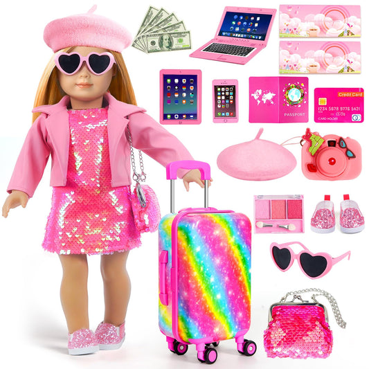 ARTST American 18 Inch Doll Suitcase opened to reveal organizing space