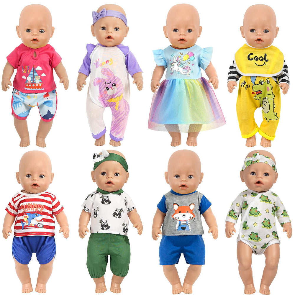 ARTST baby doll clothes 8-piece set with pajamas and headbands for easy dressing and imaginative play.