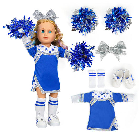 ARTST Cheer Uniform doll outfit blue white star print dress for imaginative 18-inch doll play