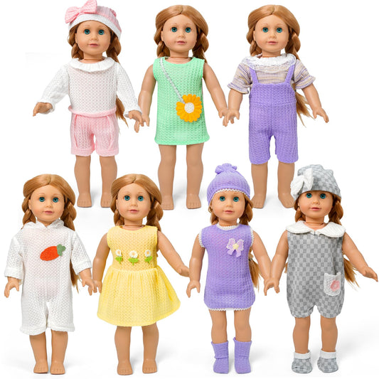 ARTST seven-piece doll clothes set with dresses and rompers for 14-18 inch dolls