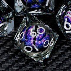 ARUOHHA dice display close-up shows translucent purple resin