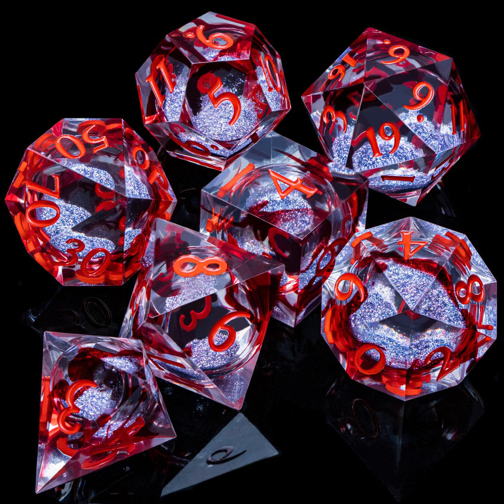 ARUOHHA Liquid Core D&D D4 blood dice with clear pips and colorful core