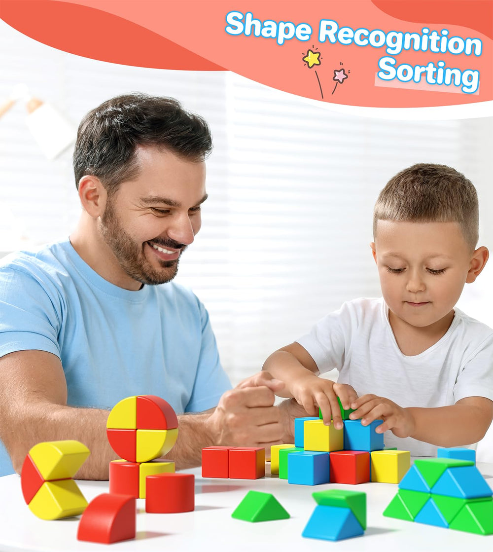 Asago colorful cubes, triangles, and sectors in five colors spark pattern building and geometry exploration.