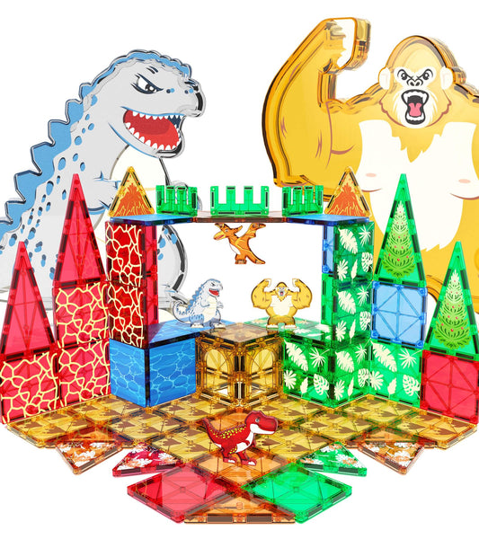 Asago dinosaurs magnetic tiles create a vivid dino world for imaginative play.