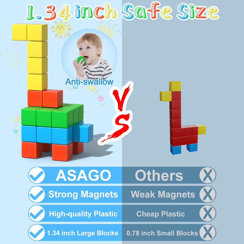Asago magnetic blocks bright colors set in use by children building towers.