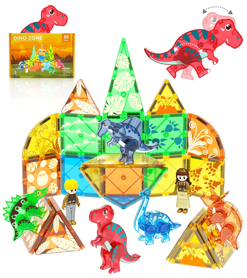Asago magnetic tiles showcasing a colorful dinosaur build for imaginative play