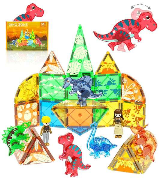 Asago magnetic tiles showcasing a colorful dinosaur build for imaginative play