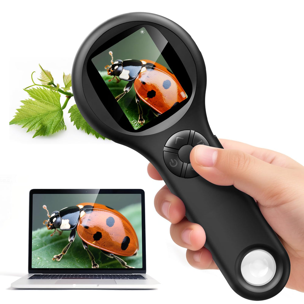 Ashfly mini LED pocket microscope with a 2-inch screen for real-time viewing.