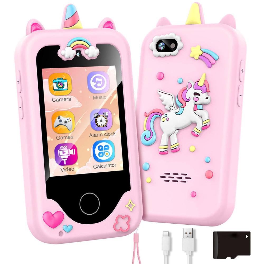 ASIUR pink front-view kids phone toy with bright touchscreen for easy learning