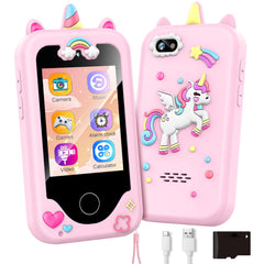 ASIUR pink front-view kids phone toy with bright touchscreen for easy learning