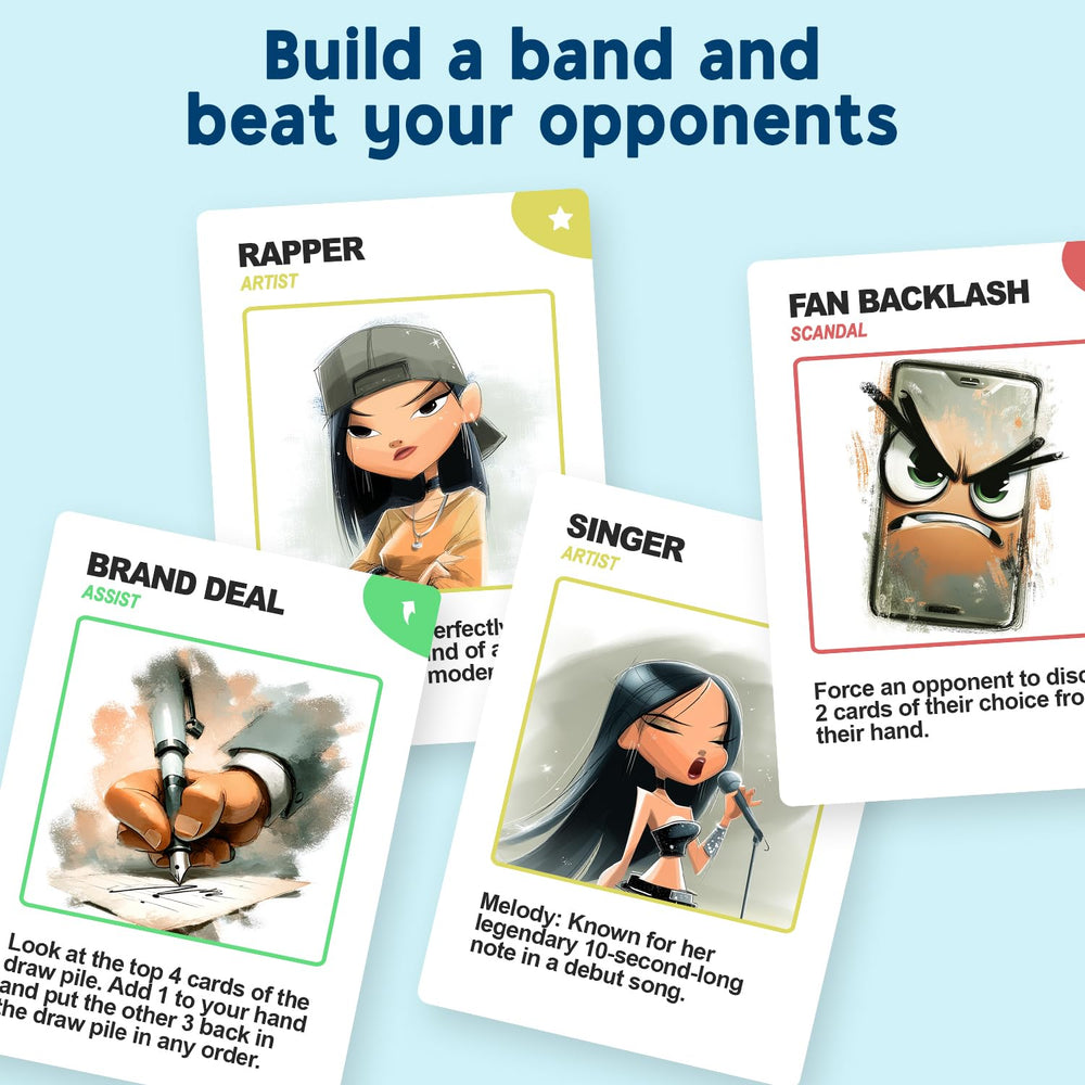 ASM GAMES Top The Kpop Charts cards-spread reveals strategic options for friendly competition.