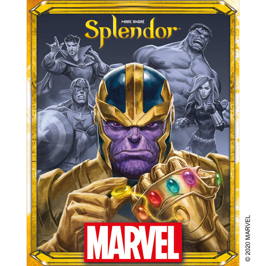 Asmodee Marvel Splendor cover image showing iconic heroes for family game night.