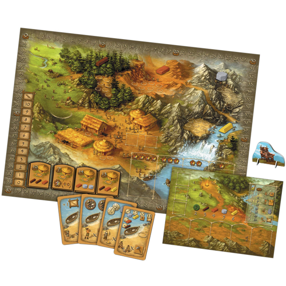 Asmodee Stone Age hunt and quarry area in use during play.