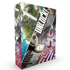 Asmodee UNLOCK! Escape Adventures box cover showing three adventures for family game night