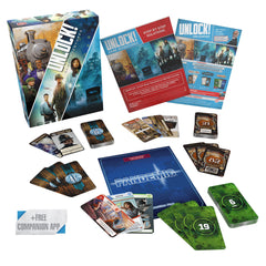 Asmodee Unlock! Game Adventures companion-app interface aids clues and time checks.