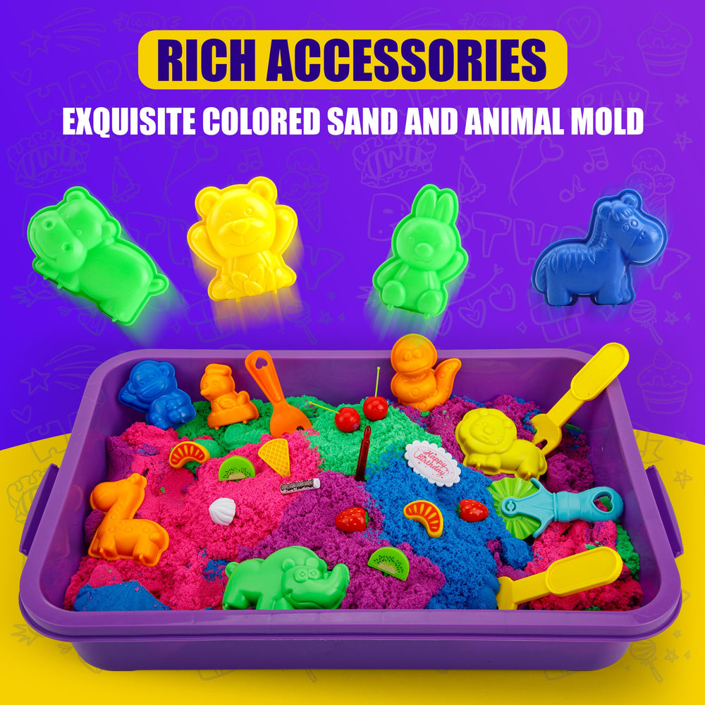 Asoxt Sensory Bin 17 Molds and Tools enable varied sand sculptures.