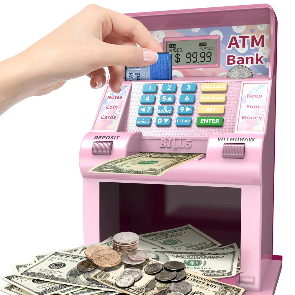 ASRIO ATM piggy bank showing debit card feature and kid-friendly interface