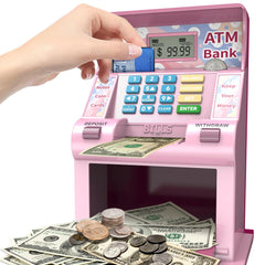 ASRIO ATM piggy bank showing debit card feature and kid-friendly interface