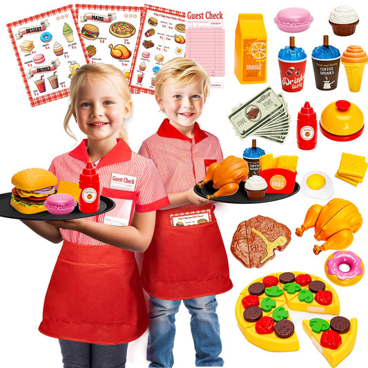 Assorty restaurant server-set apron and menu promote imaginative play