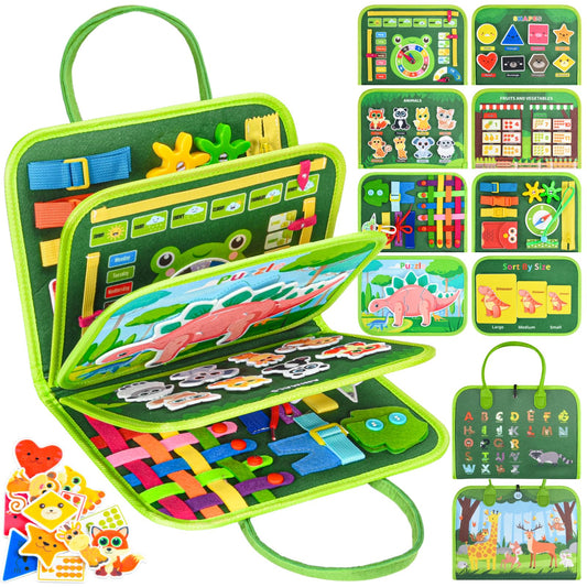 Asten Busy Board montessori 8-page activities for motor skills and learning.