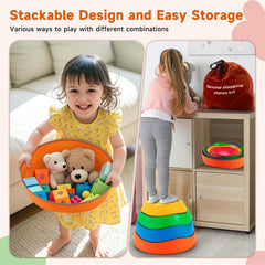 Astrell stepping stones stack into a hill for play and compact storage