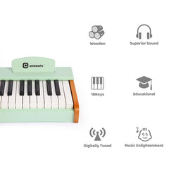 Kids playing the Asweets wooden piano in green, building rhythm and motor skills
