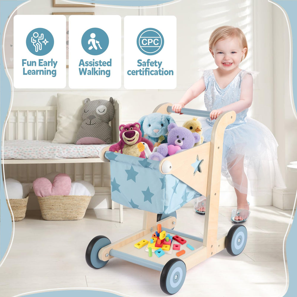 Asweets shopping cart learning walker rolls smoothly on floors during playtime.