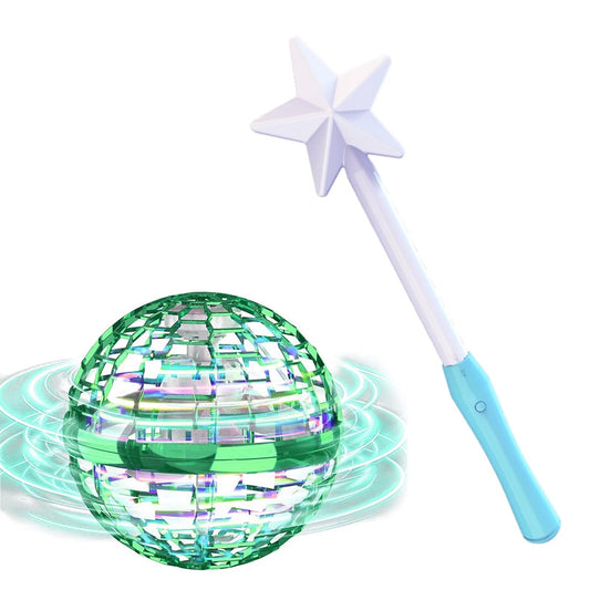 ATHLERIA green flying orb ball with wand front view for kid-friendly play
