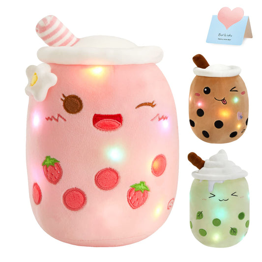 Athoinsu Light Up Strawberry Boba Tea plush pillow front view, cozy for kids.