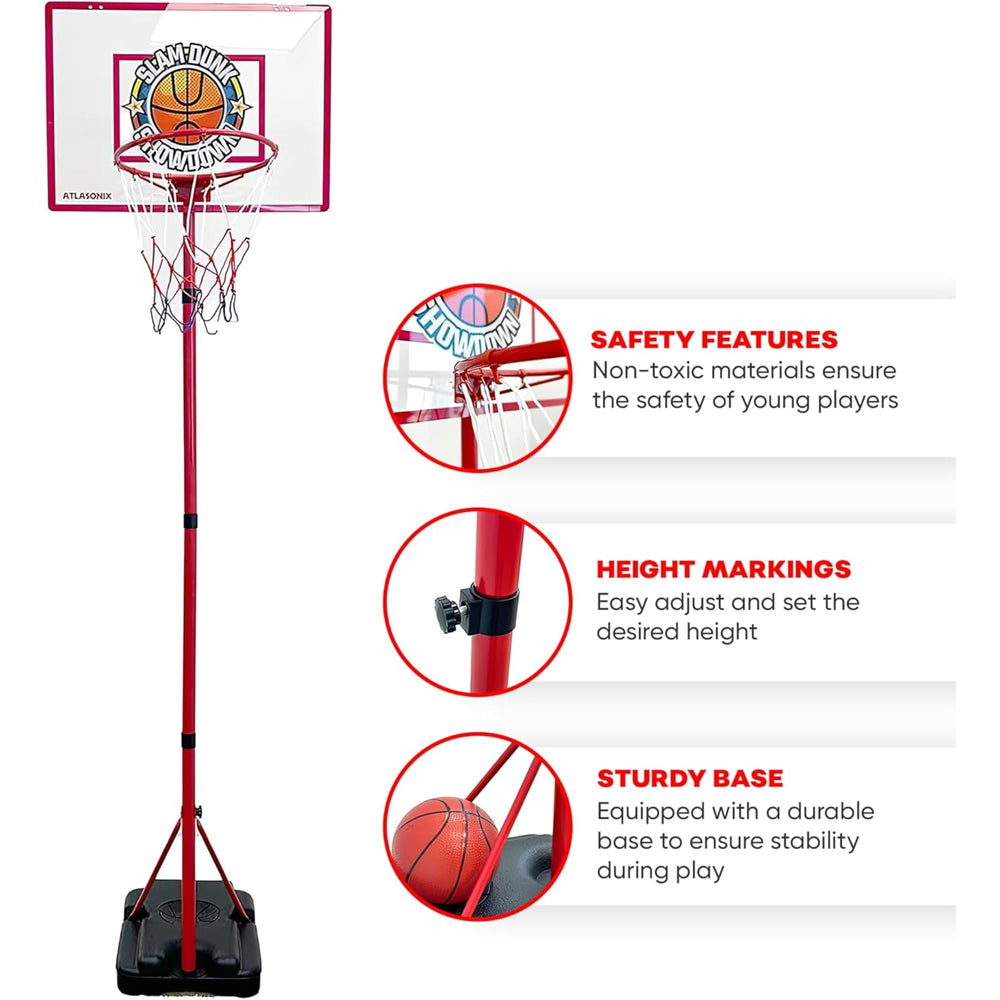 Atlasonix indoor hoop pole and backboard show compact setup for convenient home play.