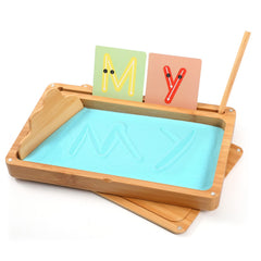 AtMini Montessori sand tray with blue lid for organized, mess-free sensory learning.
