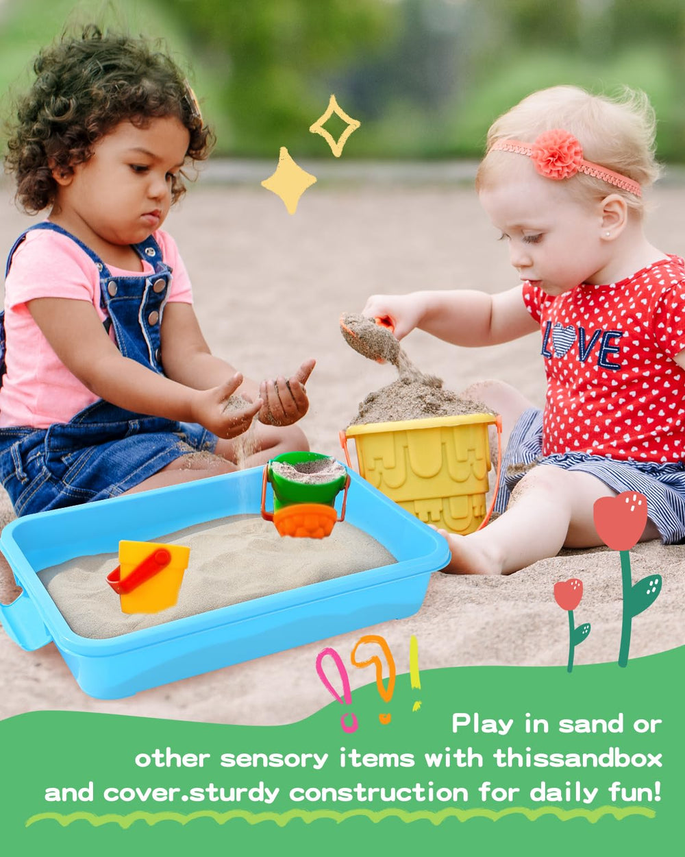 AtMini sensory bin with portable blue handle for easy on-the-go play.