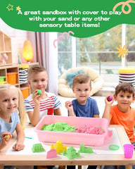 AtMini sensory bin green lid with handle eases cleanup after classroom use.