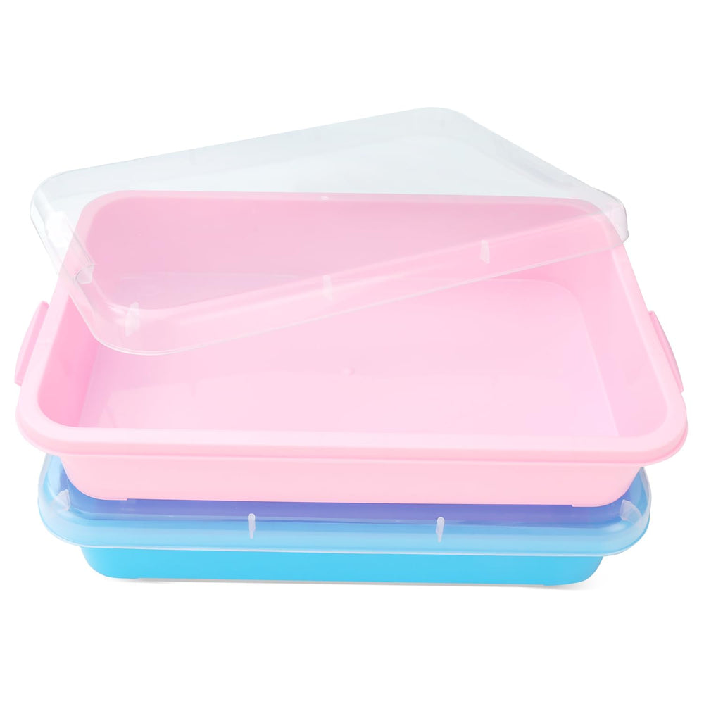 AtMini sensory bin with pink lid for hands-on sand play and mess containment.