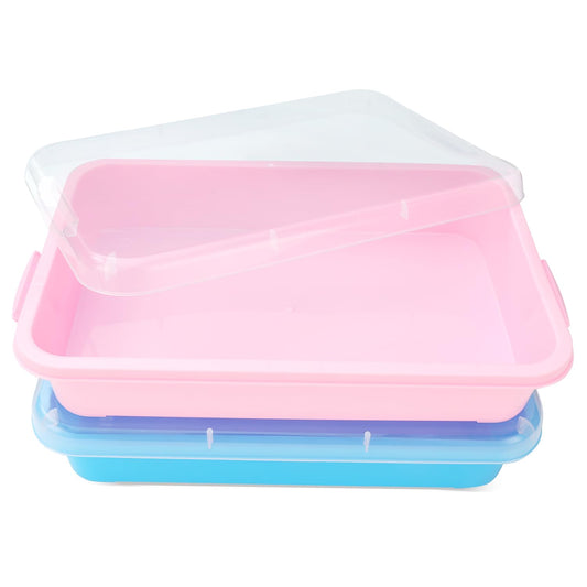 AtMini sensory bin with pink lid for hands-on sand play and mess containment.