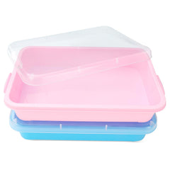 AtMini sensory bin with pink lid for hands-on sand play and mess containment.