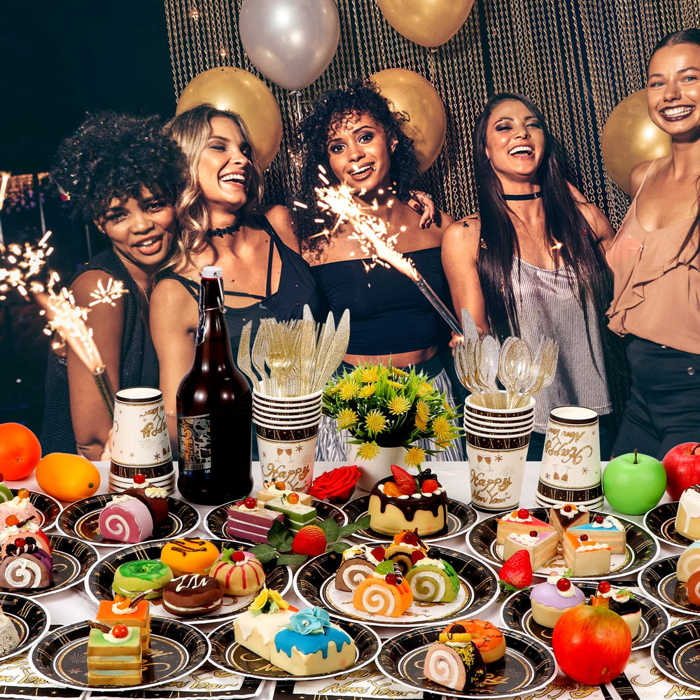 Atonofun Happy New Year tableware ensemble creates a festive look.