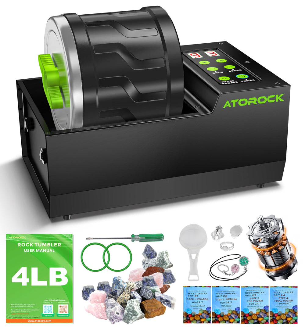 AtoRock Professional Rock Tumbler Kit shows pro polishing setup for hobbyists