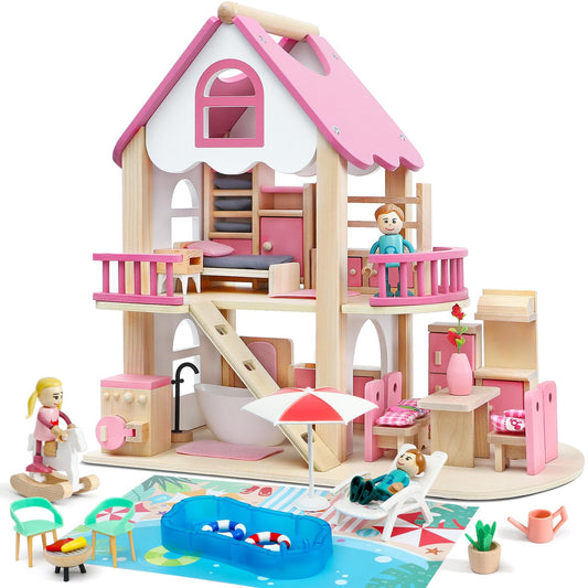 Atoylink pink wooden dollhouse with four rooms offers imaginative play space and hands-on learning opportunities.
